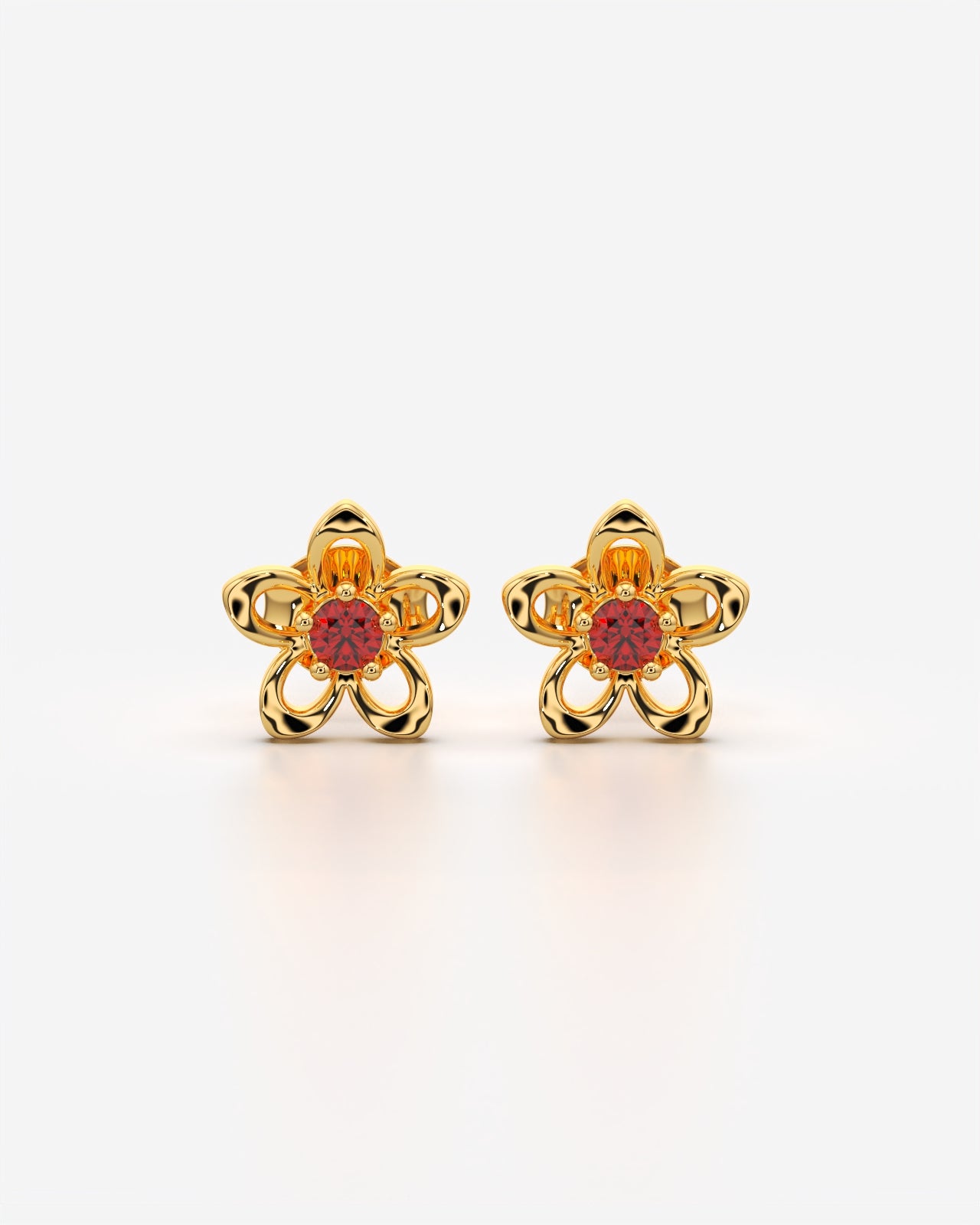Blooming Flower Stud Earrings with Red Stone