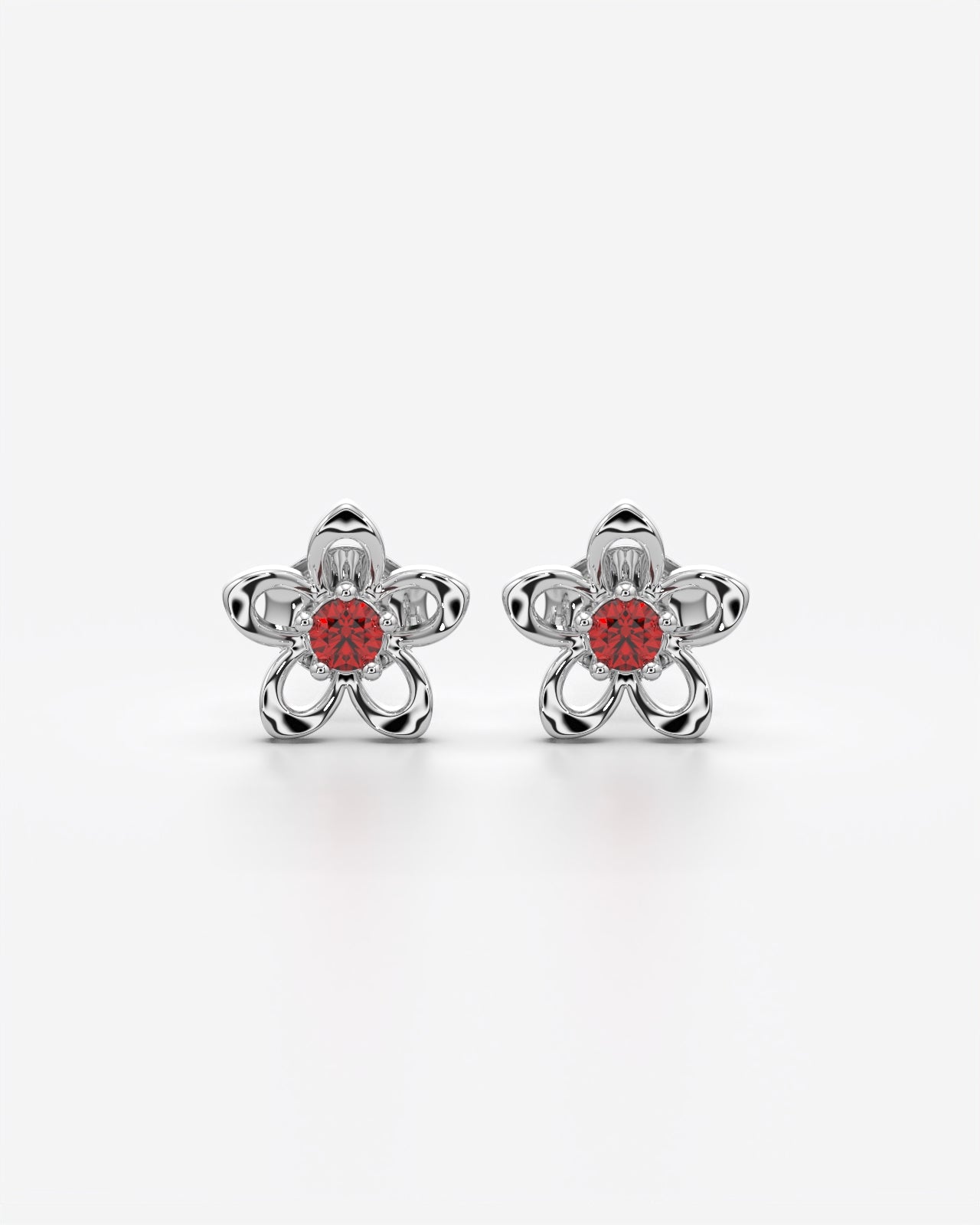 Blooming Flower Stud Earrings with Red Stone