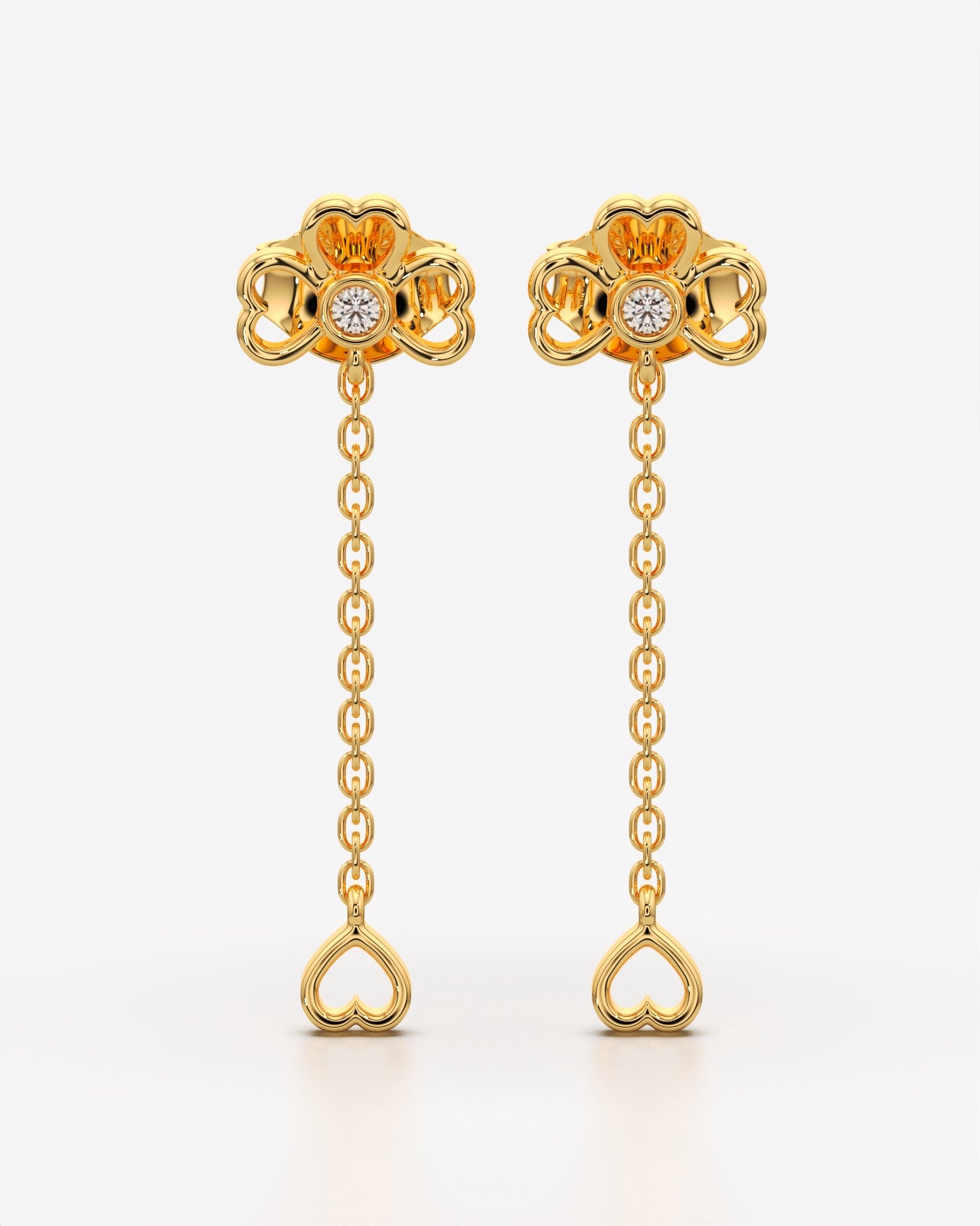 Clover Heart Drop Chain Stud Earrings