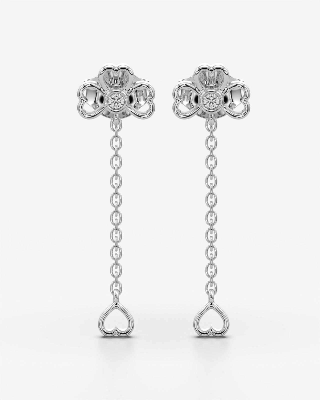 Clover Heart Drop Chain Stud Earrings