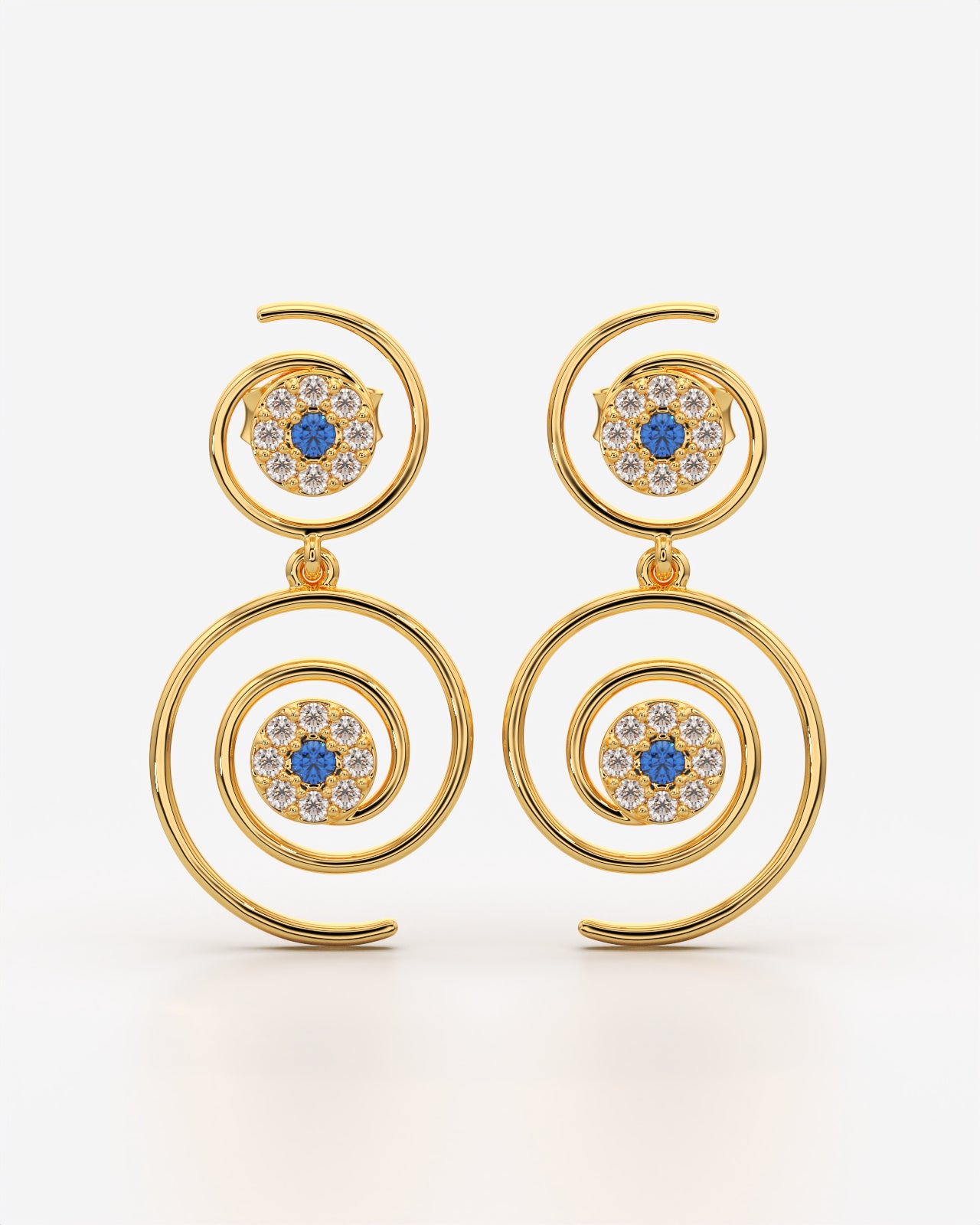 Celestial Spiral Drop Earrings with Blue Stones
