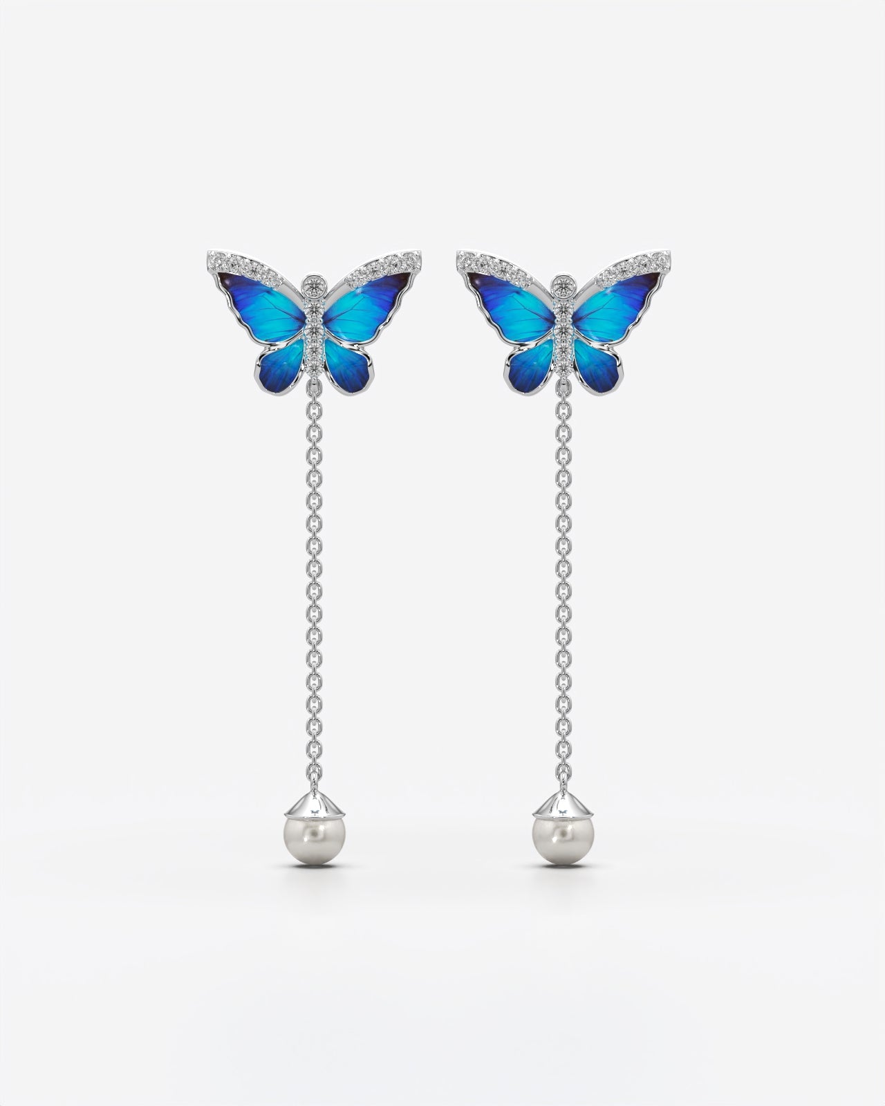 Blue Butterfly Pearl Drop Chain Earrings
