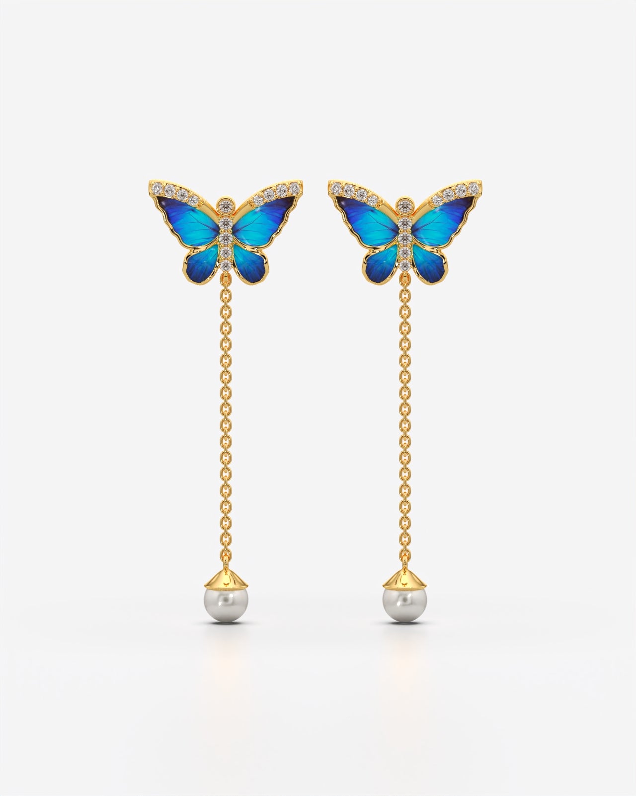 Blue Butterfly Pearl Drop Chain Earrings