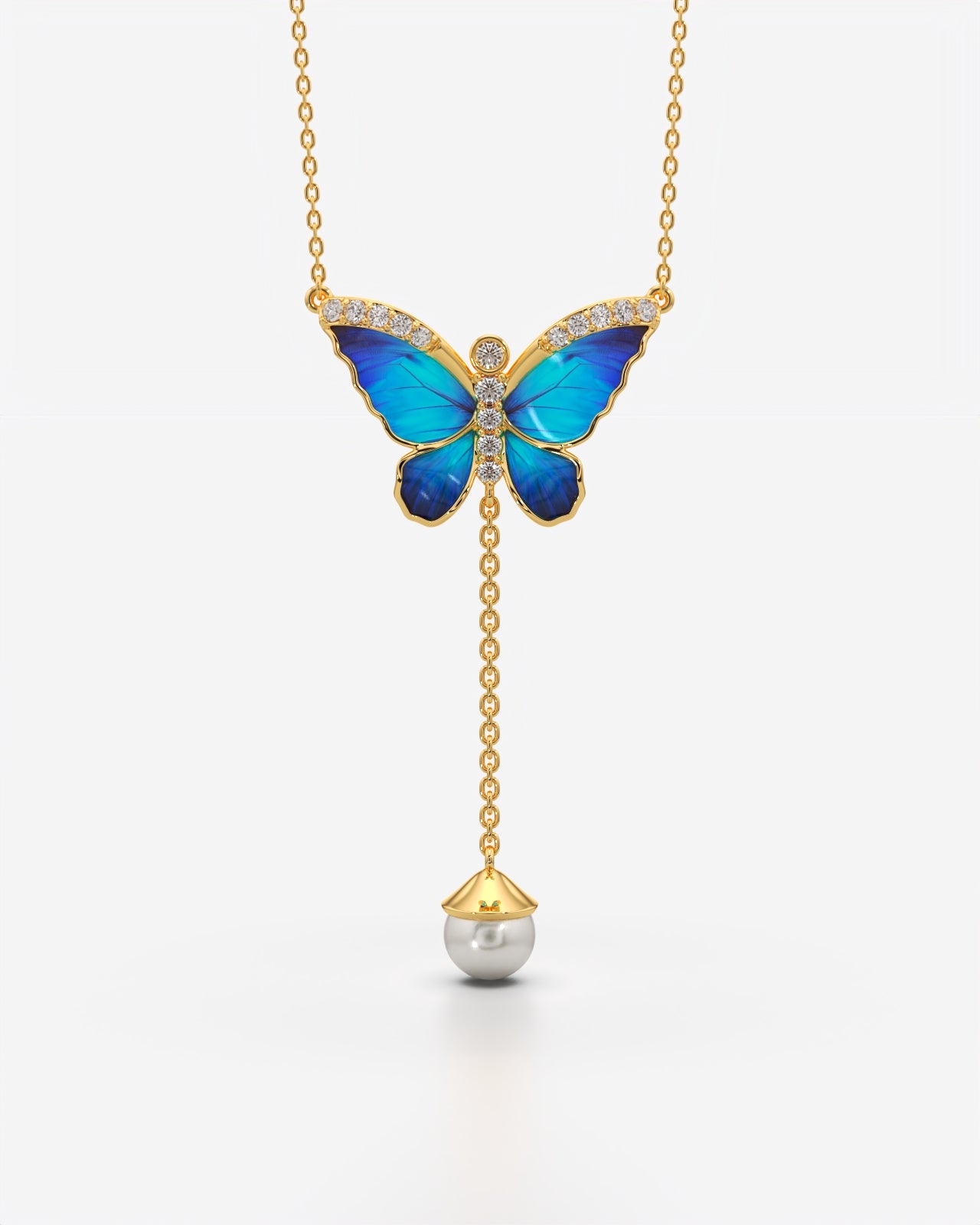 Butterfly Pearl Drop Lariat Necklace Pendant