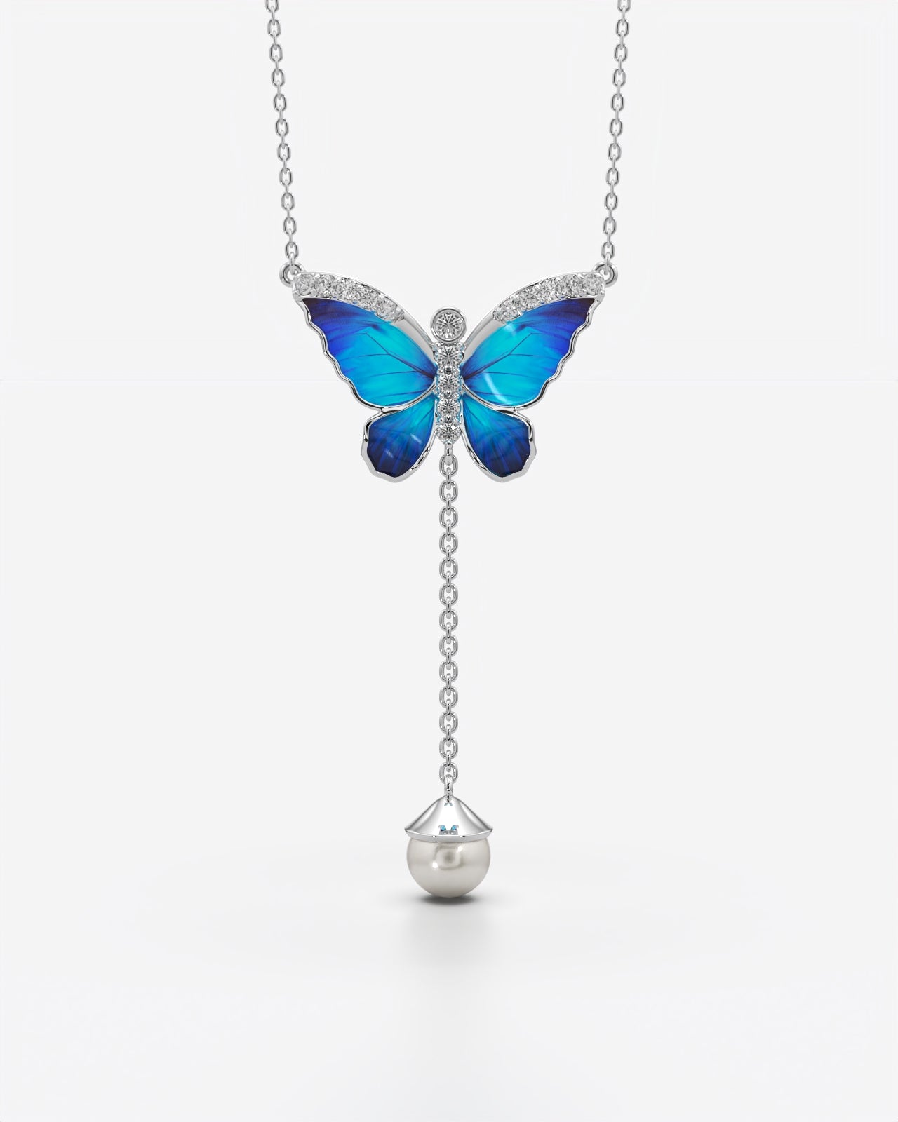 Butterfly Pearl Drop Lariat Necklace Pendant