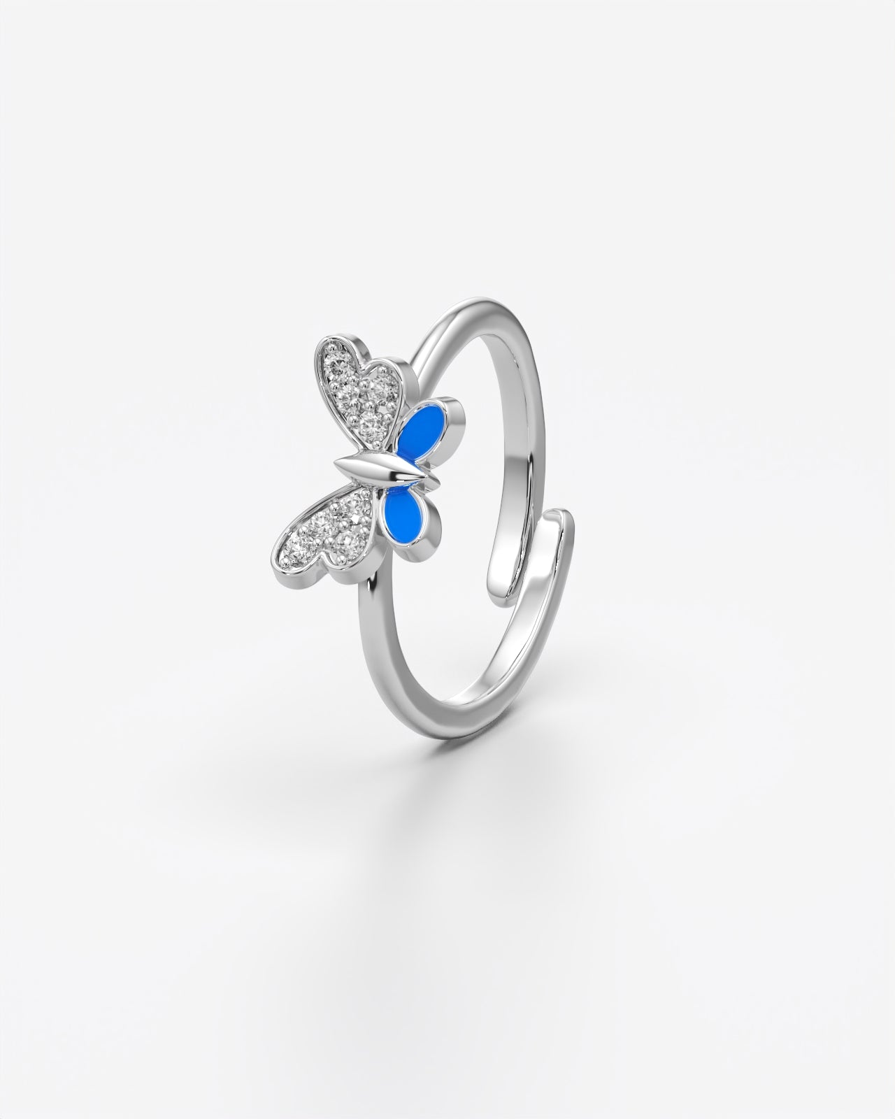 Sparkling Butterfly Ring with Blue Enamel Accent