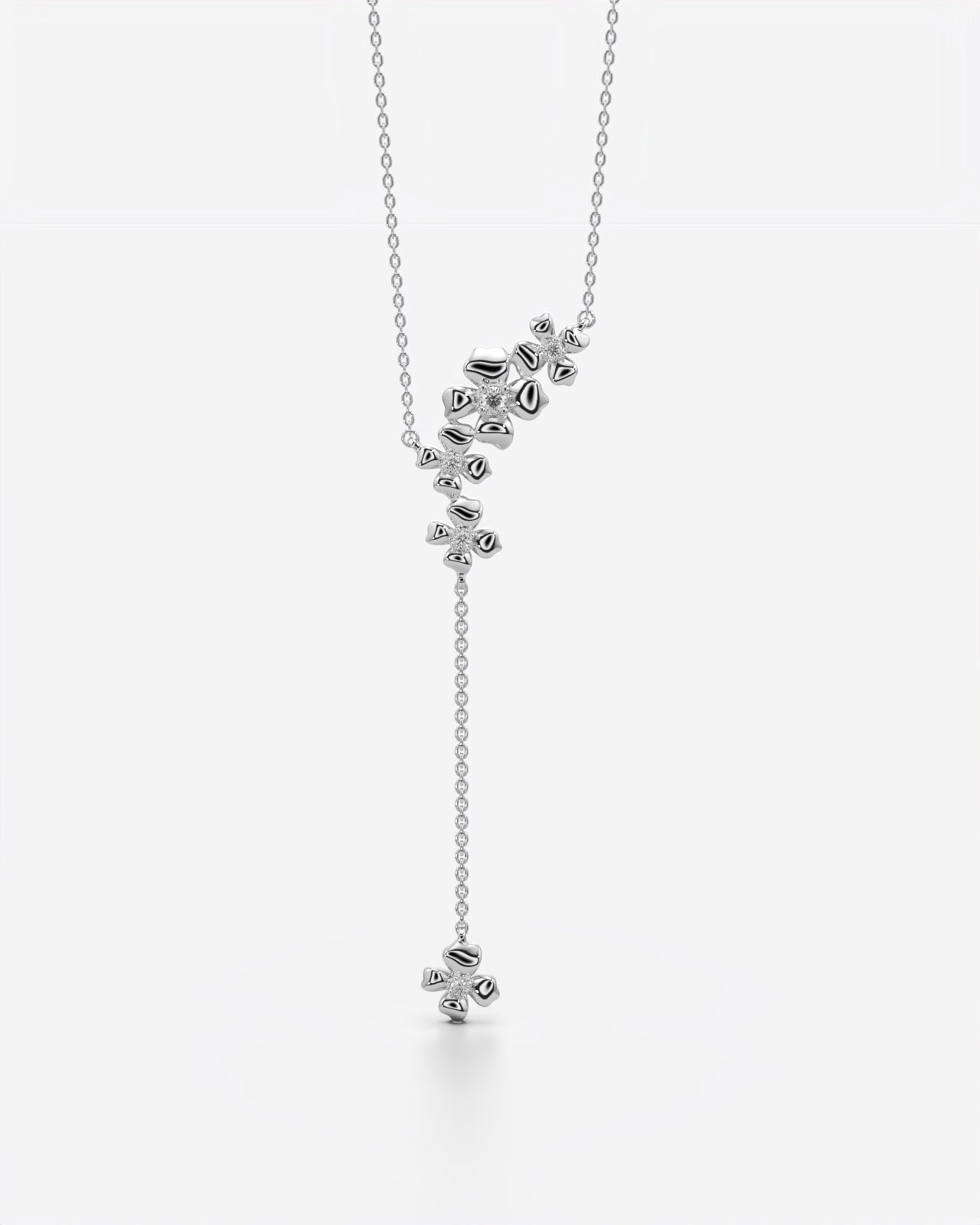 Cascading Floral Lariat Necklace with Crystal Centers