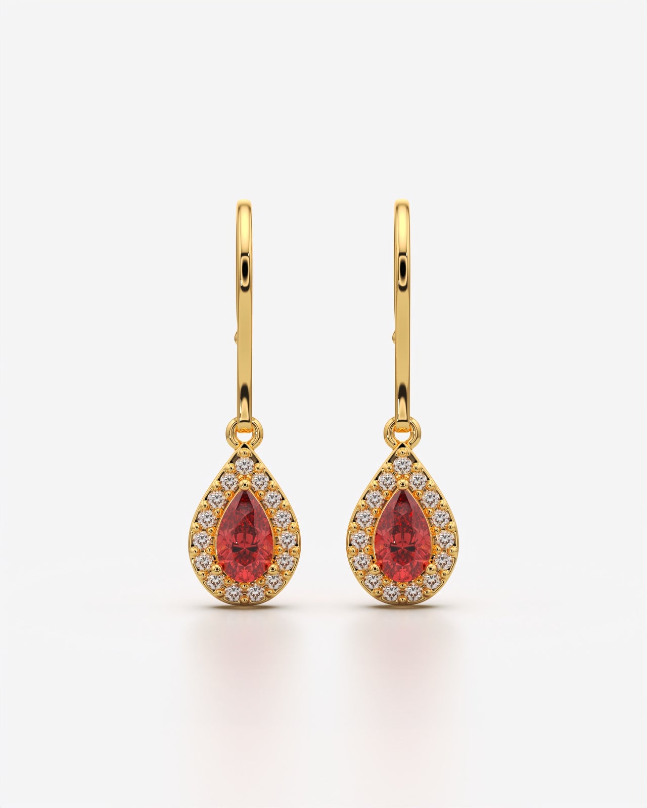 Red Pear Halo Drop Earrings